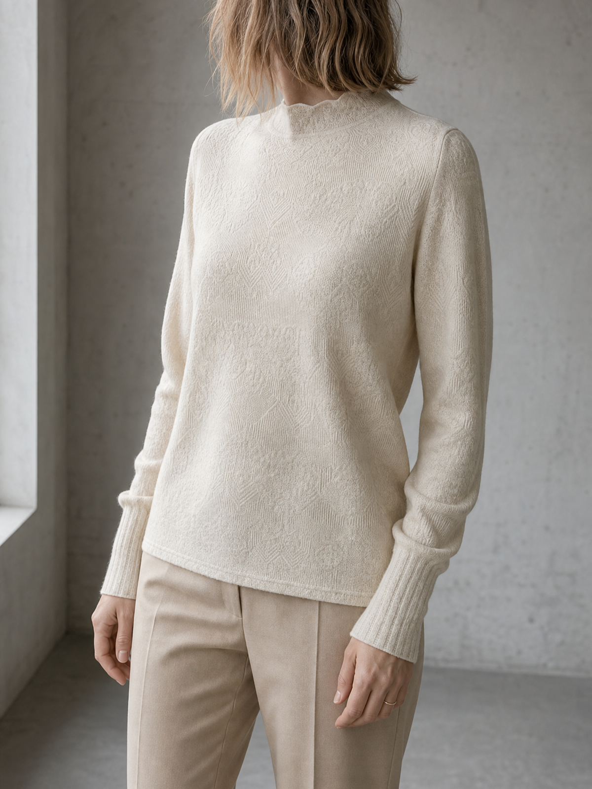 Elegant Jacquard Mock Neck Pullover for Women with a Modern, Timeless Design