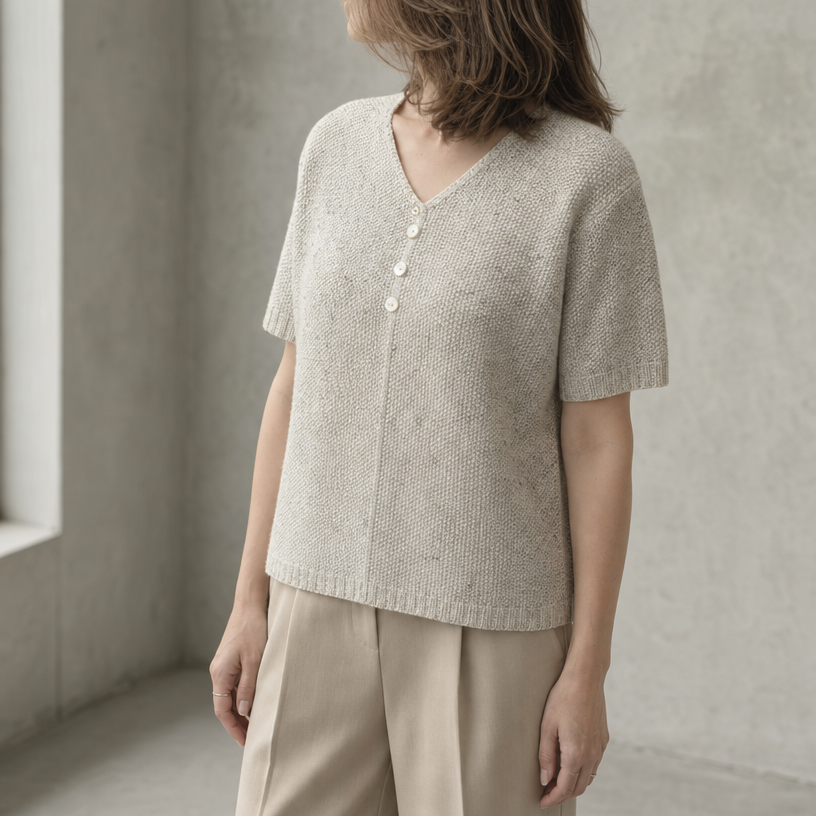 Elegant Short-Sleeve V-Neck Pullover for Women with a Modern, Timeless Design