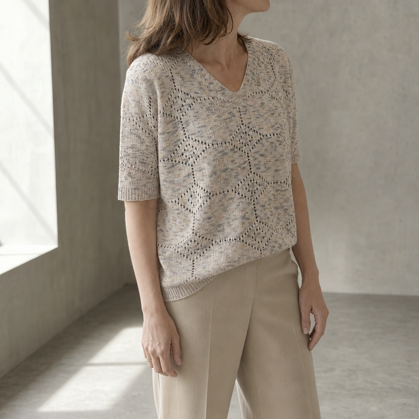 Comfortable Women's V-Neck Eyelet Pullover for Effortless Everyday Elegance