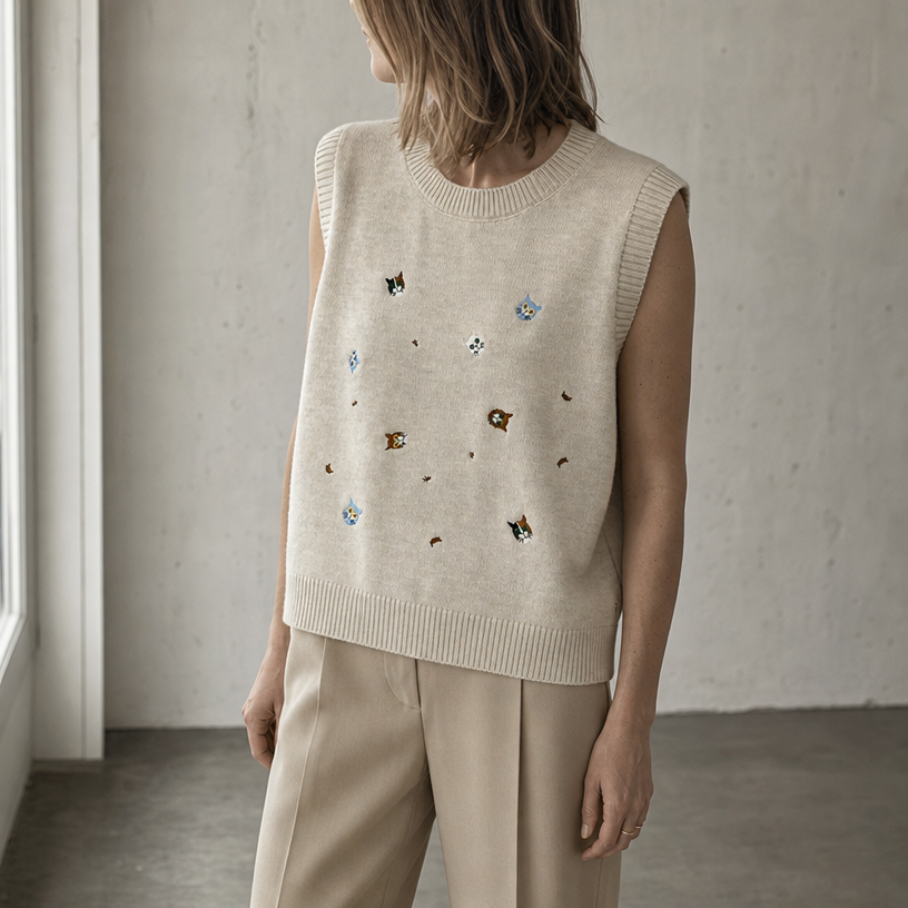 Comfortable Embroidered Cat Vest for Women with an Effortlessly Chic Style