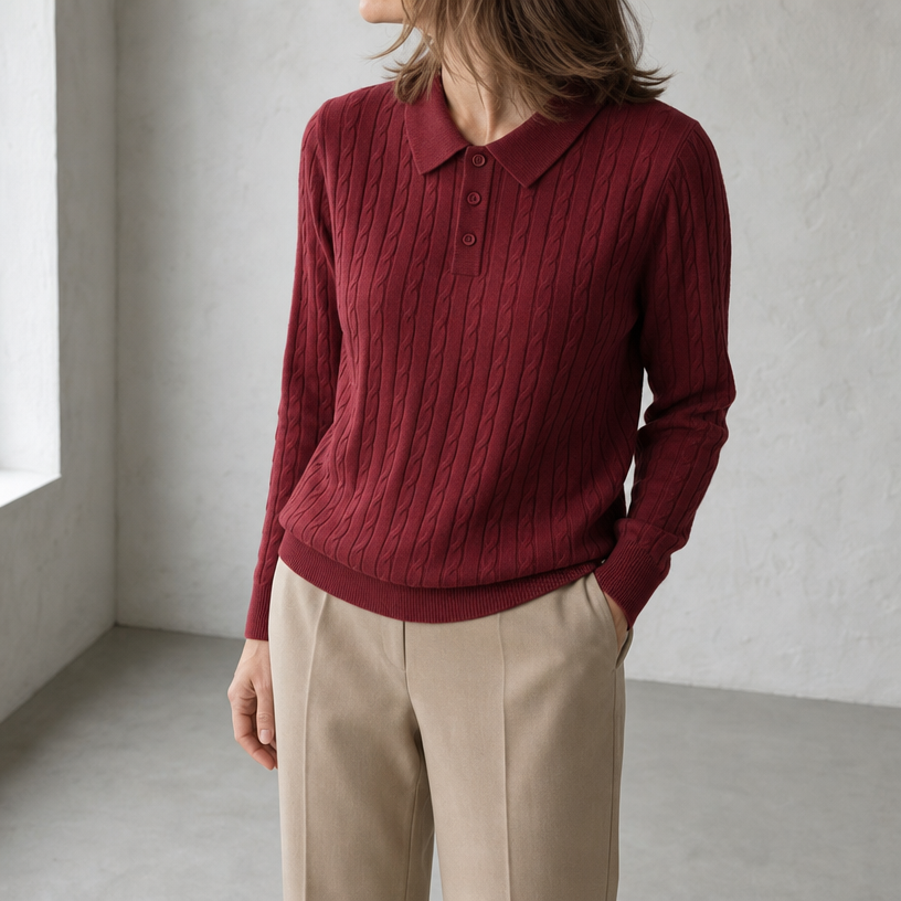 Elegant Cable Knit Polo Sweater for Women with a Modern, Timeless Design
