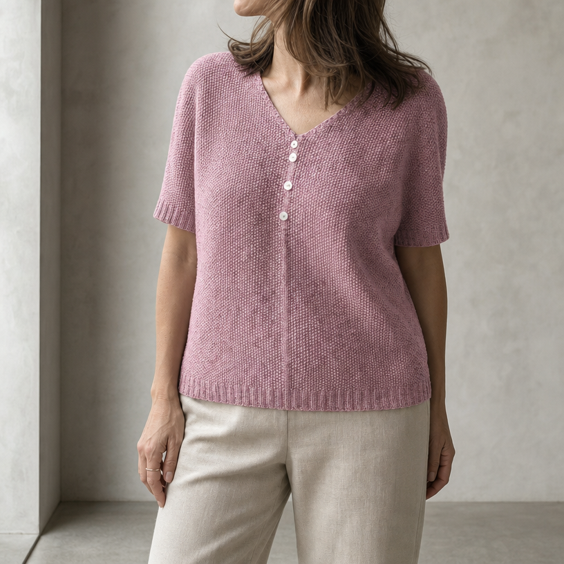Elegant Short-Sleeve V-Neck Pullover for Women with a Modern, Timeless Design