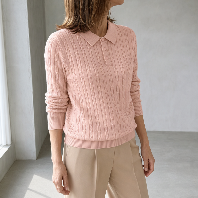 Elegant Cable Knit Polo Sweater for Women with a Modern, Timeless Design