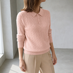 Elegant Cable Knit Polo Sweater for Women with a Modern, Timeless Design