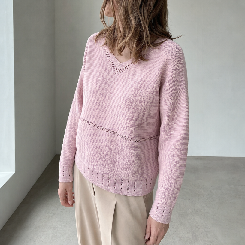 Elegant Women's Eyelet V-Neck Pullover for a Sophisticated, Polished Everyday Look