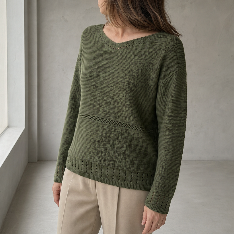 Elegant Women's Eyelet V-Neck Pullover for a Sophisticated, Polished Everyday Look