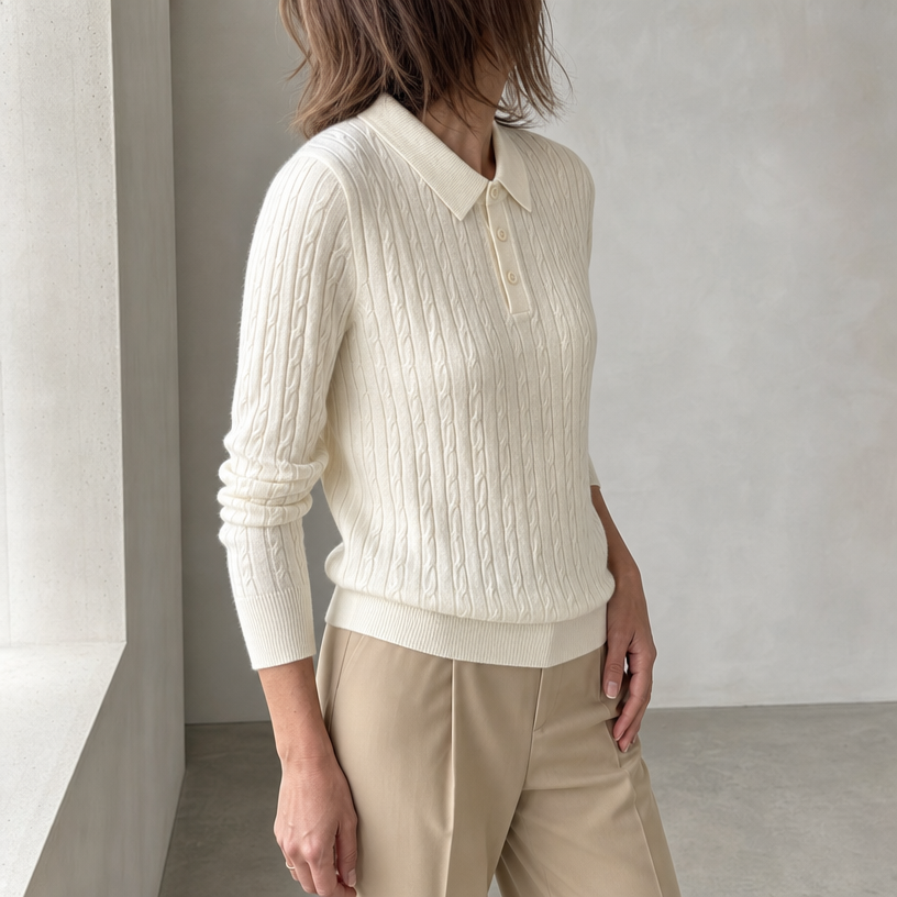 Elegant Cable Knit Polo Sweater for Women with a Modern, Timeless Design