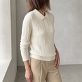 Elegant Cable Knit Polo Sweater for Women with a Modern, Timeless Design
