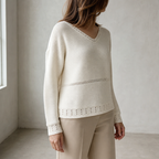 Elegant Women's Eyelet V-Neck Pullover for a Sophisticated, Polished Everyday Look