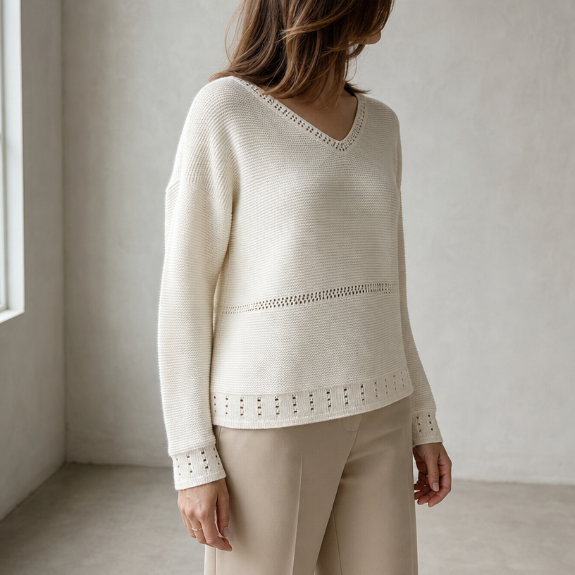 Elegant Women's Eyelet V-Neck Pullover for a Sophisticated, Polished Everyday Look