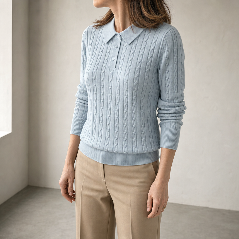 Elegant Cable Knit Polo Sweater for Women with a Modern, Timeless Design