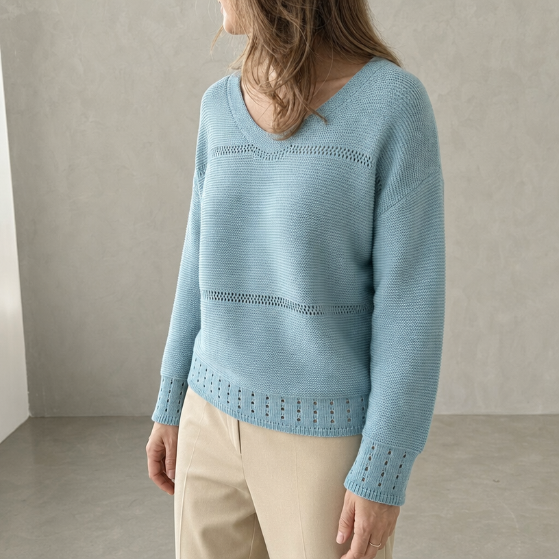 Elegant Women's Eyelet V-Neck Pullover for a Sophisticated, Polished Everyday Look