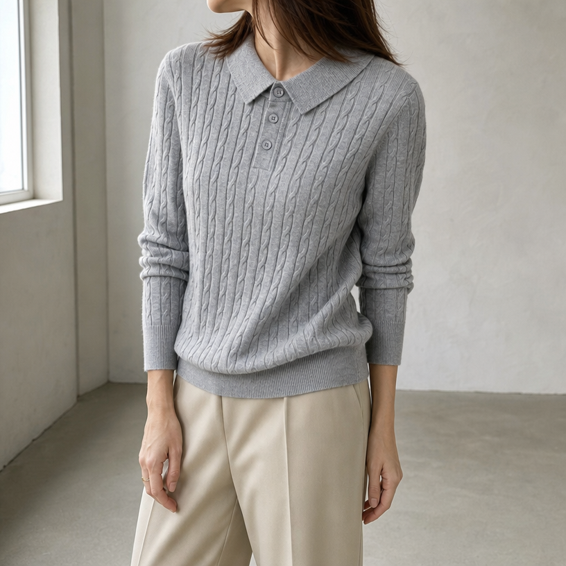 Elegant Cable Knit Polo Sweater for Women with a Modern, Timeless Design