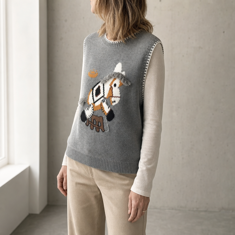 Stylish Horse Intarsia Vest for Women with a Refined and Modern Appeal