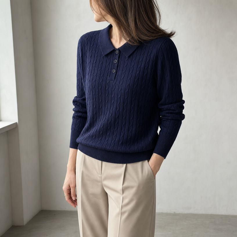 Elegant Cable Knit Polo Sweater for Women with a Modern, Timeless Design