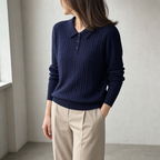 Elegant Cable Knit Polo Sweater for Women with a Modern, Timeless Design