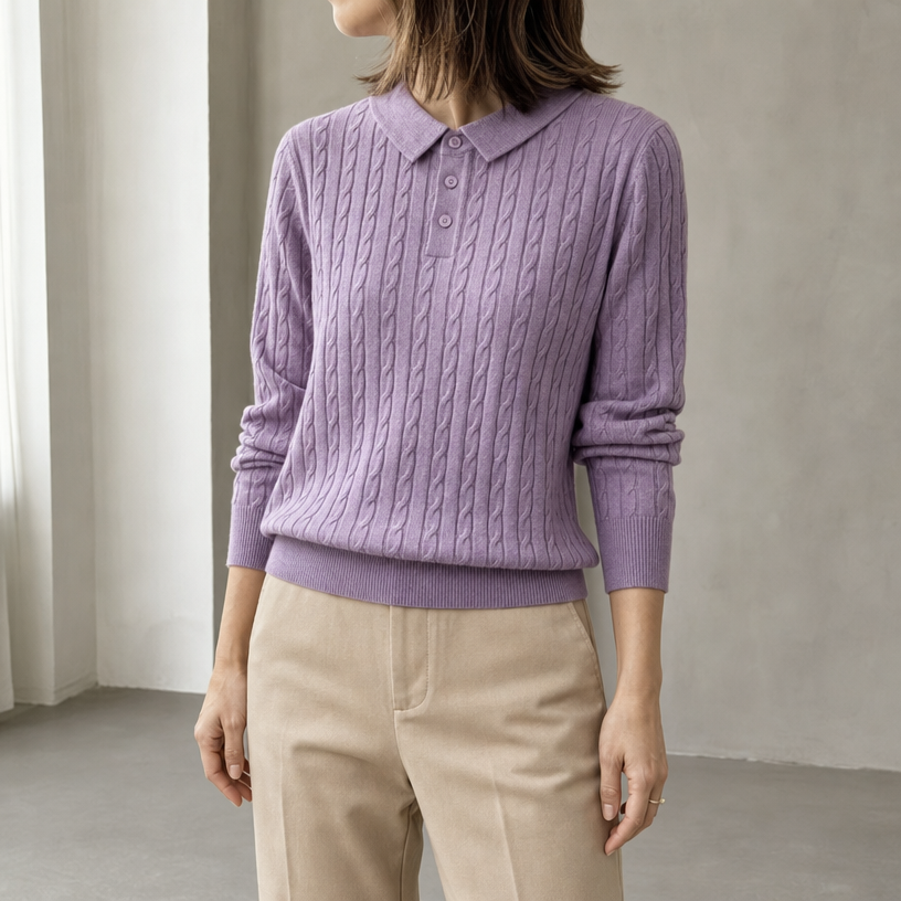 Elegant Cable Knit Polo Sweater for Women with a Modern, Timeless Design