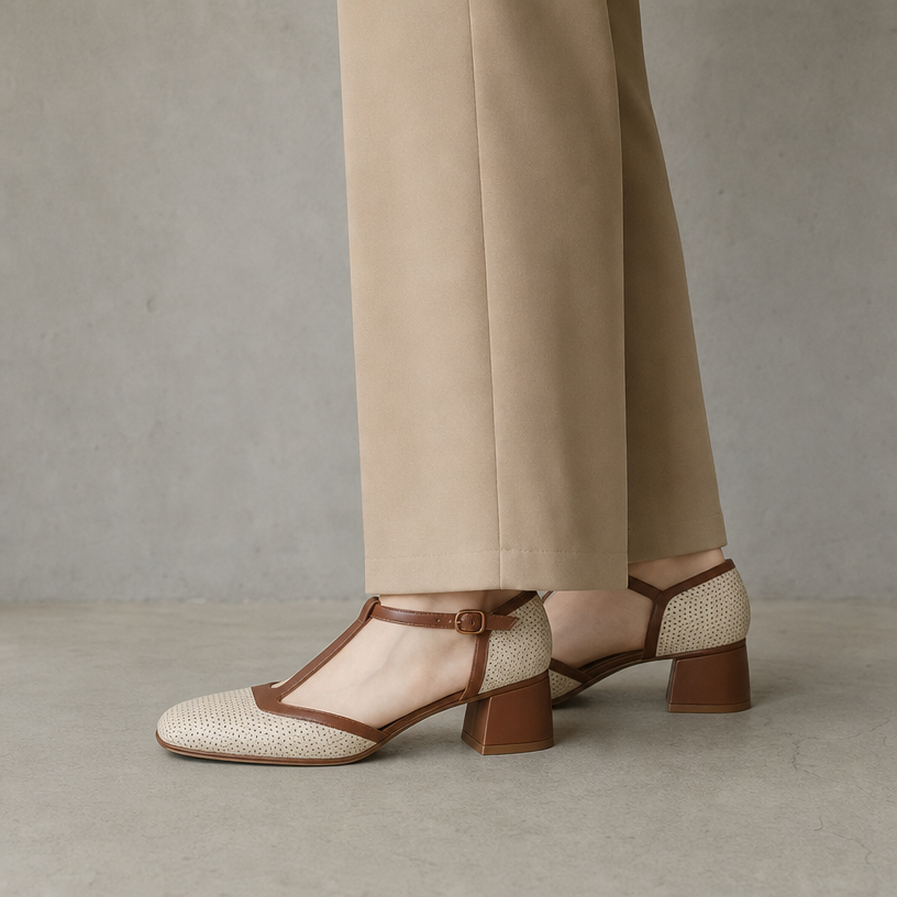 Elegant Women's Perforated T-Strap Pumps for Effortless Everyday Style and Comfort