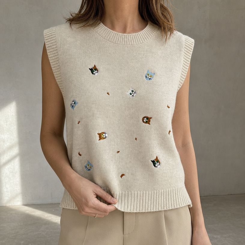 Comfortable Embroidered Cat Vest for Women with an Effortlessly Chic Style