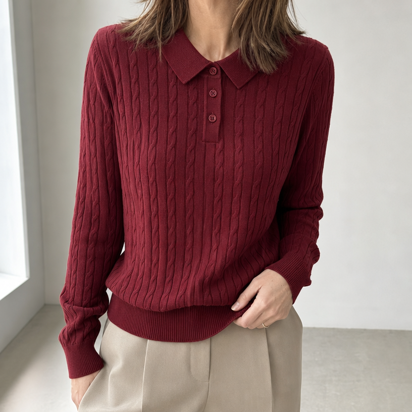 Elegant Cable Knit Polo Sweater for Women with a Modern, Timeless Design