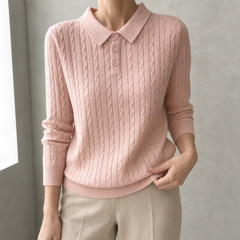 Elegant Cable Knit Polo Sweater for Women with a Modern, Timeless Design