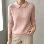 Elegant Cable Knit Polo Sweater for Women with a Modern, Timeless Design