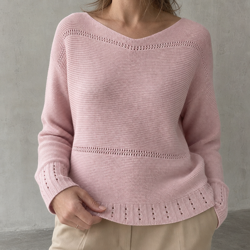 Elegant Women's Eyelet V-Neck Pullover for a Sophisticated, Polished Everyday Look