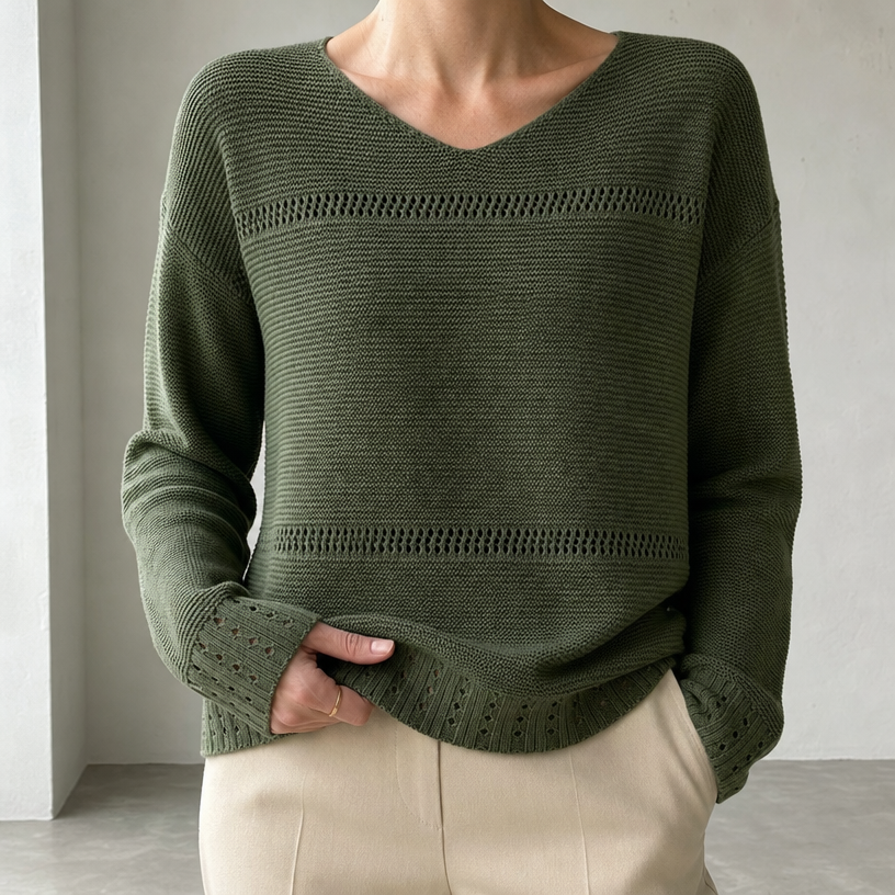 Elegant Women's Eyelet V-Neck Pullover for a Sophisticated, Polished Everyday Look