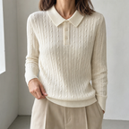 Elegant Cable Knit Polo Sweater for Women with a Modern, Timeless Design