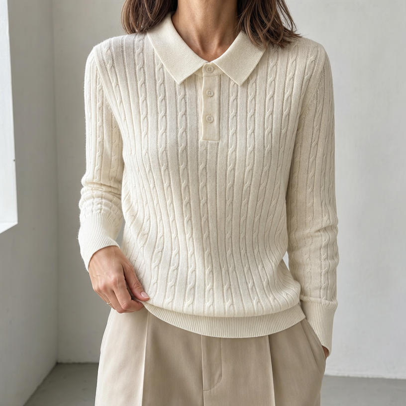 Elegant Cable Knit Polo Sweater for Women with a Modern, Timeless Design