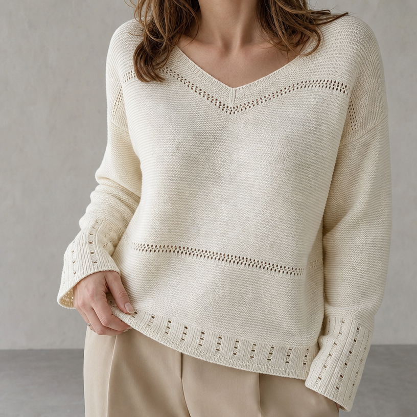 Elegant Women's Eyelet V-Neck Pullover for a Sophisticated, Polished Everyday Look