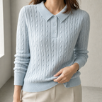 Elegant Cable Knit Polo Sweater for Women with a Modern, Timeless Design
