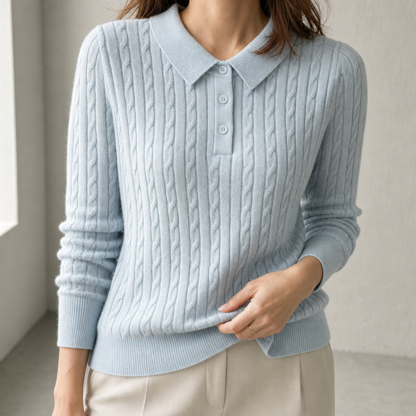 Elegant Cable Knit Polo Sweater for Women with a Modern, Timeless Design