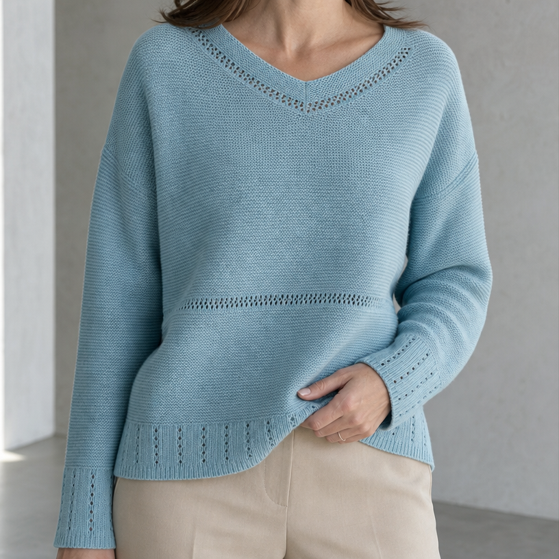Elegant Women's Eyelet V-Neck Pullover for a Sophisticated, Polished Everyday Look