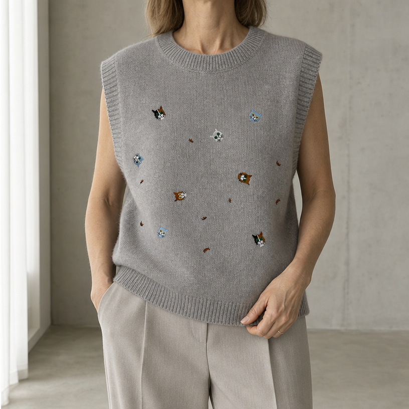 Comfortable Embroidered Cat Vest for Women with an Effortlessly Chic Style