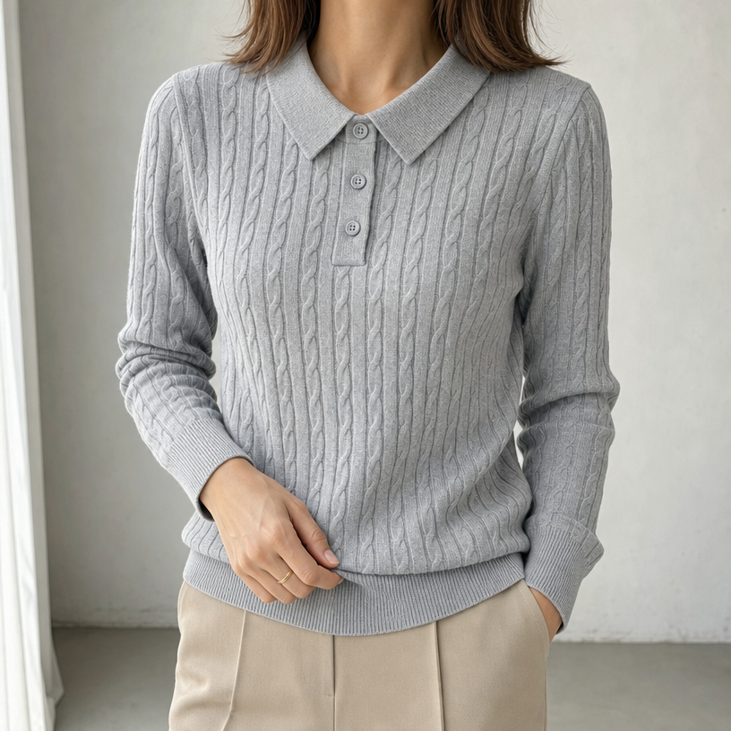 Elegant Cable Knit Polo Sweater for Women with a Modern, Timeless Design