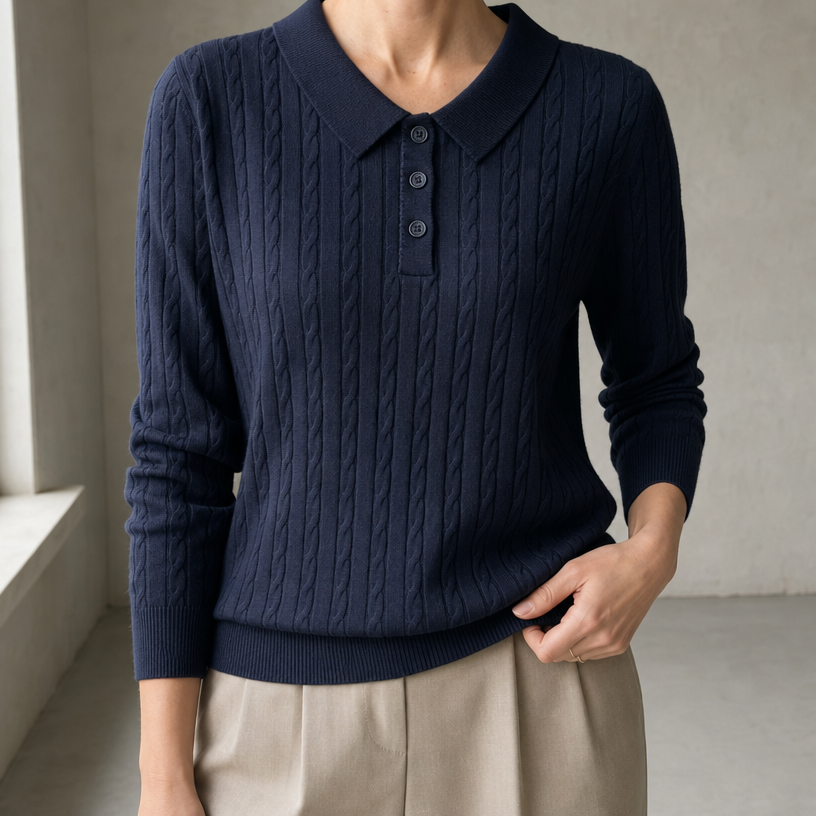 Elegant Cable Knit Polo Sweater for Women with a Modern, Timeless Design