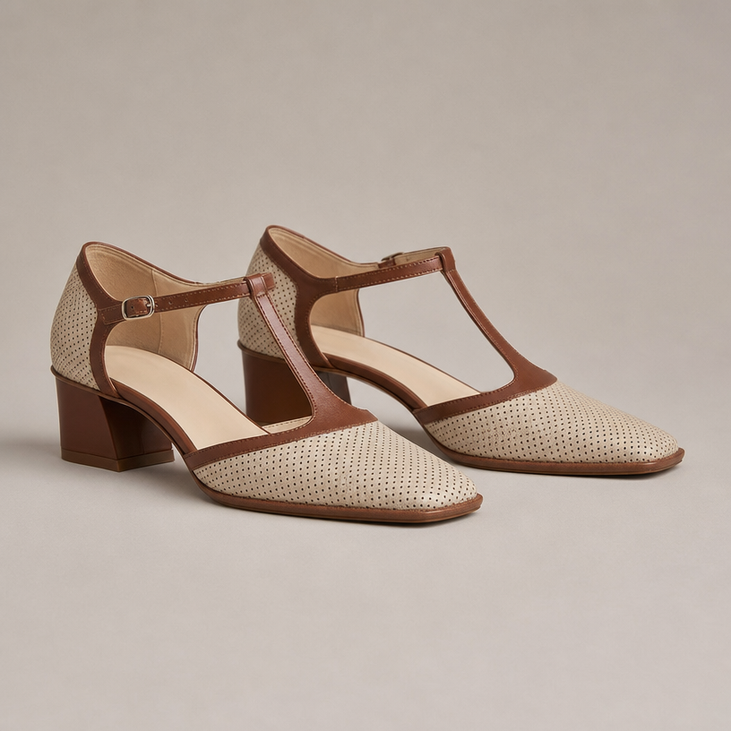 Elegant Women's Perforated T-Strap Pumps for Effortless Everyday Style and Comfort