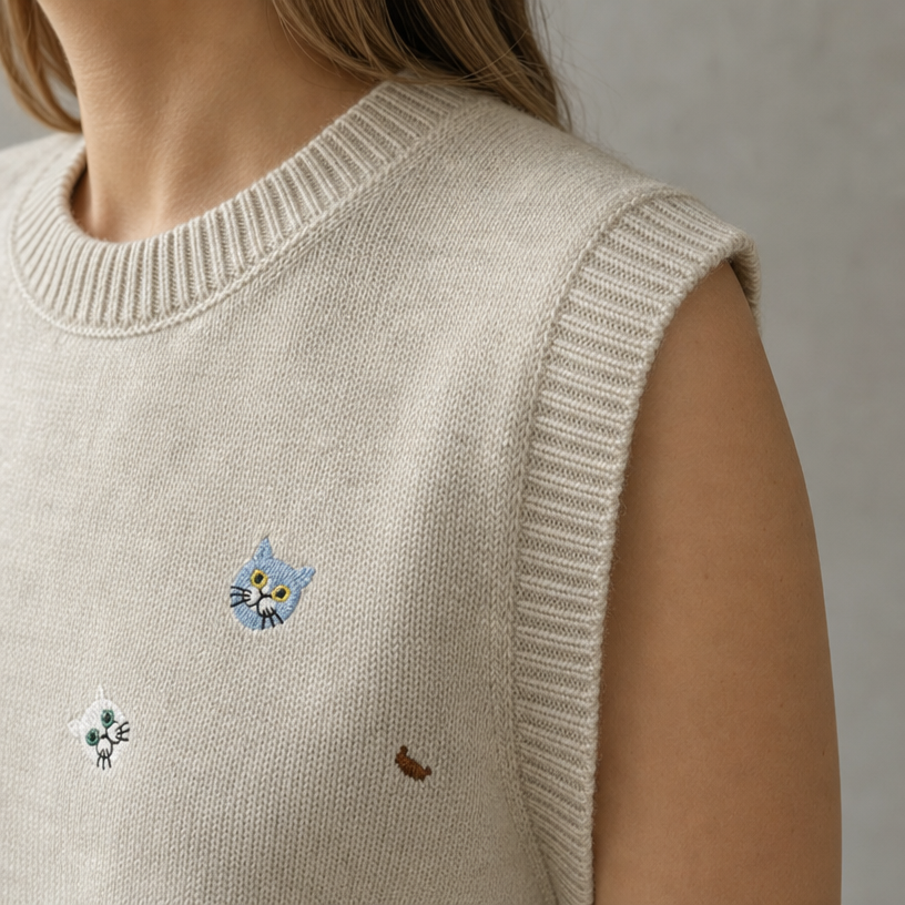 Comfortable Embroidered Cat Vest for Women with an Effortlessly Chic Style