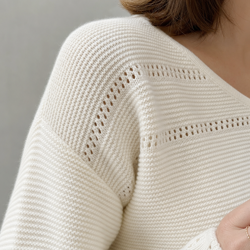 Elegant Women's Eyelet V-Neck Pullover for a Sophisticated, Polished Everyday Look