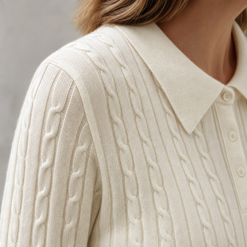 Elegant Cable Knit Polo Sweater for Women with a Modern, Timeless Design
