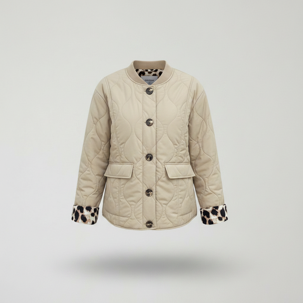 Chic Leopard Cuff Quilted Bomber Jacket Beige