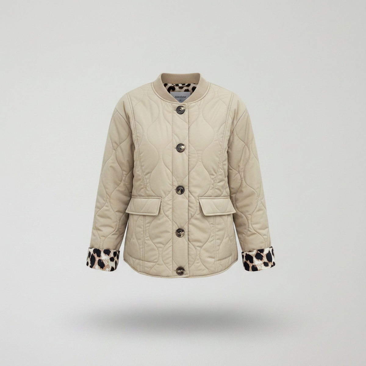 Chic Leopard Cuff Quilted Bomber Jacket Beige