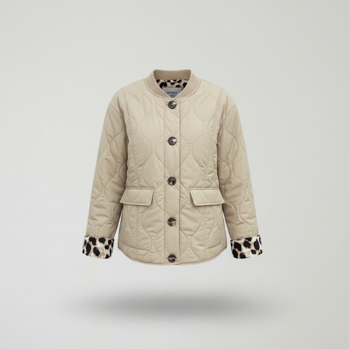Chic Leopard Cuff Quilted Bomber Jacket Beige