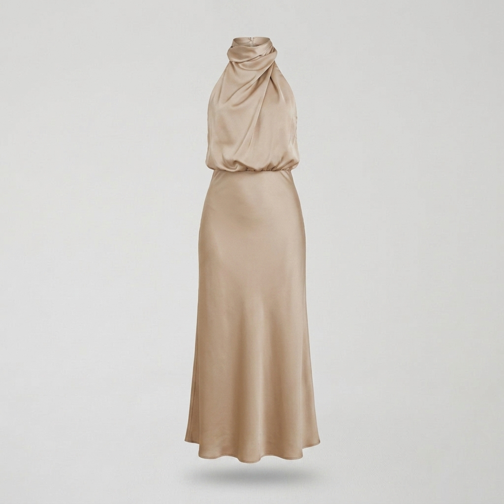 Radiant Draped Midi Dress | Elegant Halter Neck Gown Beige