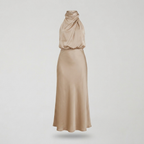 Radiant Draped Midi Dress | Elegant Halter Neck Gown Beige