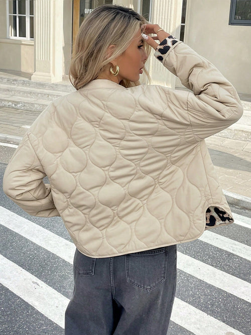 Chic Leopard Cuff Quilted Bomber Jacket Beige