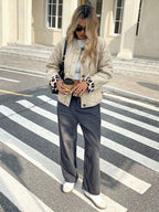 Chic Leopard Cuff Quilted Bomber Jacket Beige