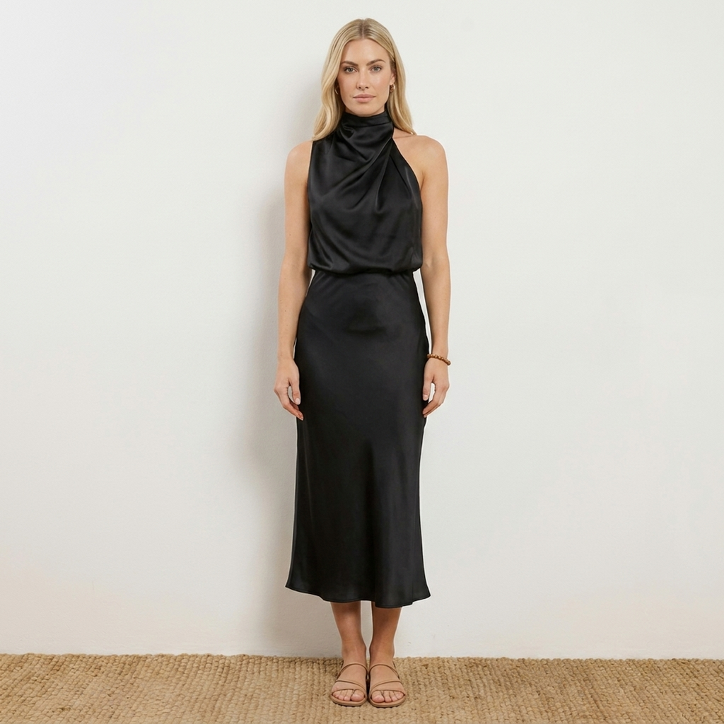 Radiant Draped Midi Dress | Elegant Halter Neck Gown Black