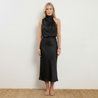 Radiant Draped Midi Dress | Elegant Halter Neck Gown Black